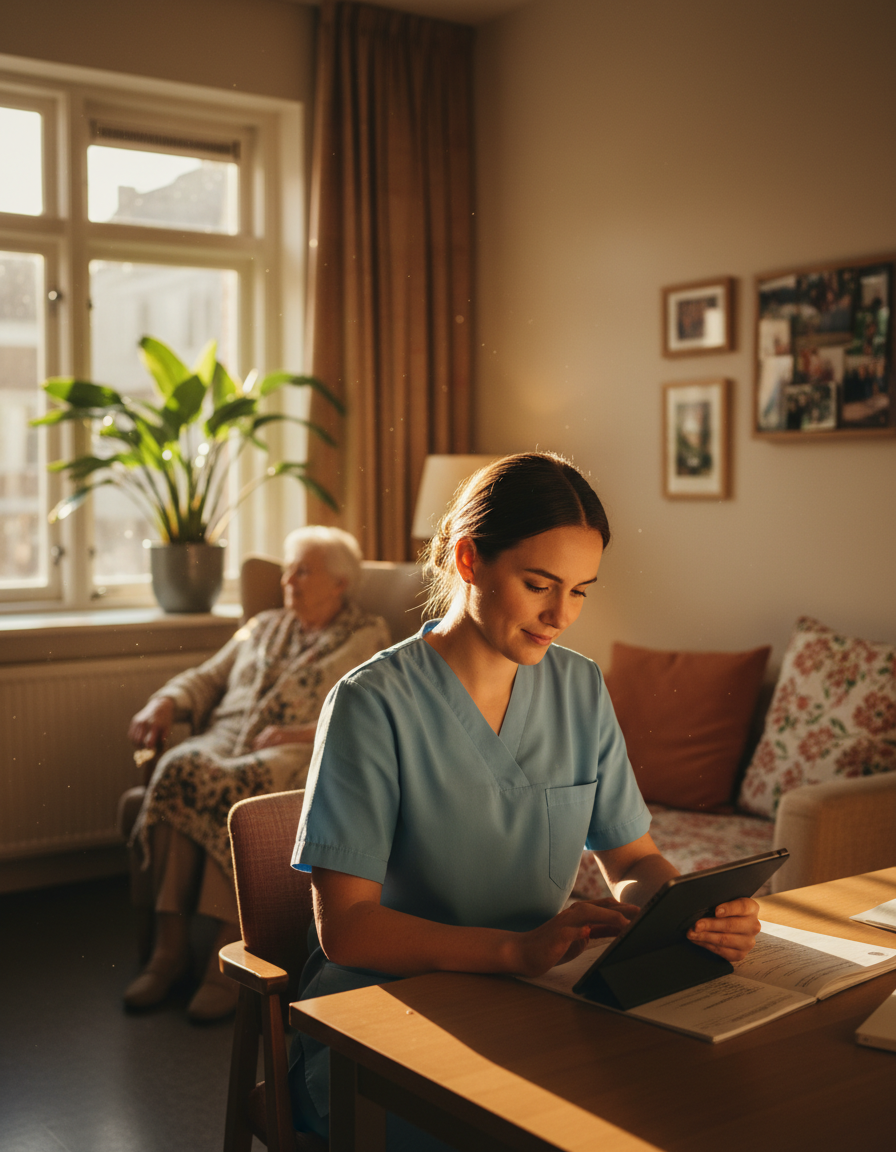 Physician Assistant bij Amsta werkt met tablet in warm verzorgingshuis Amsterdam